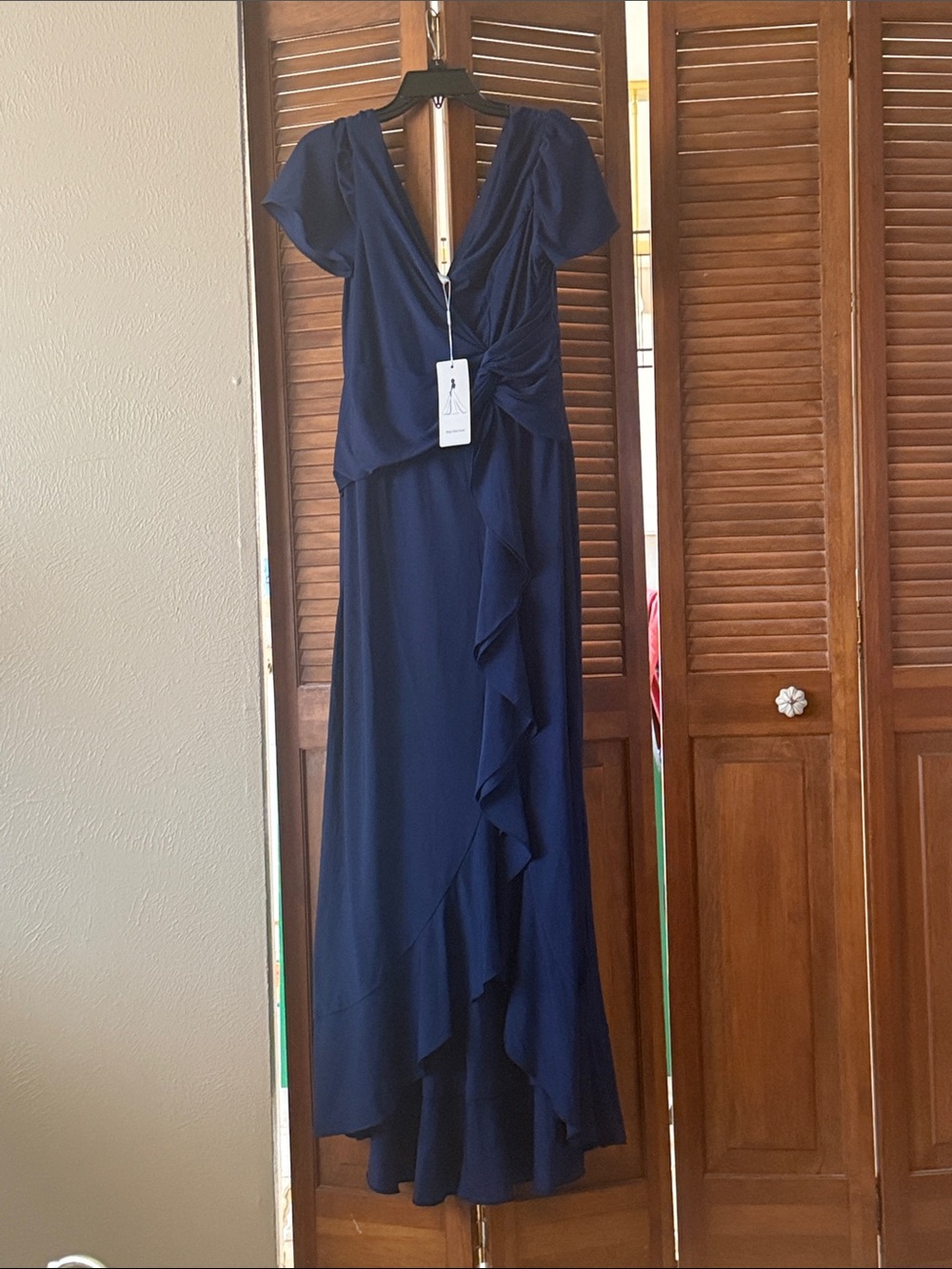 Navy Blue Ruffle V-Neck Evening Dress